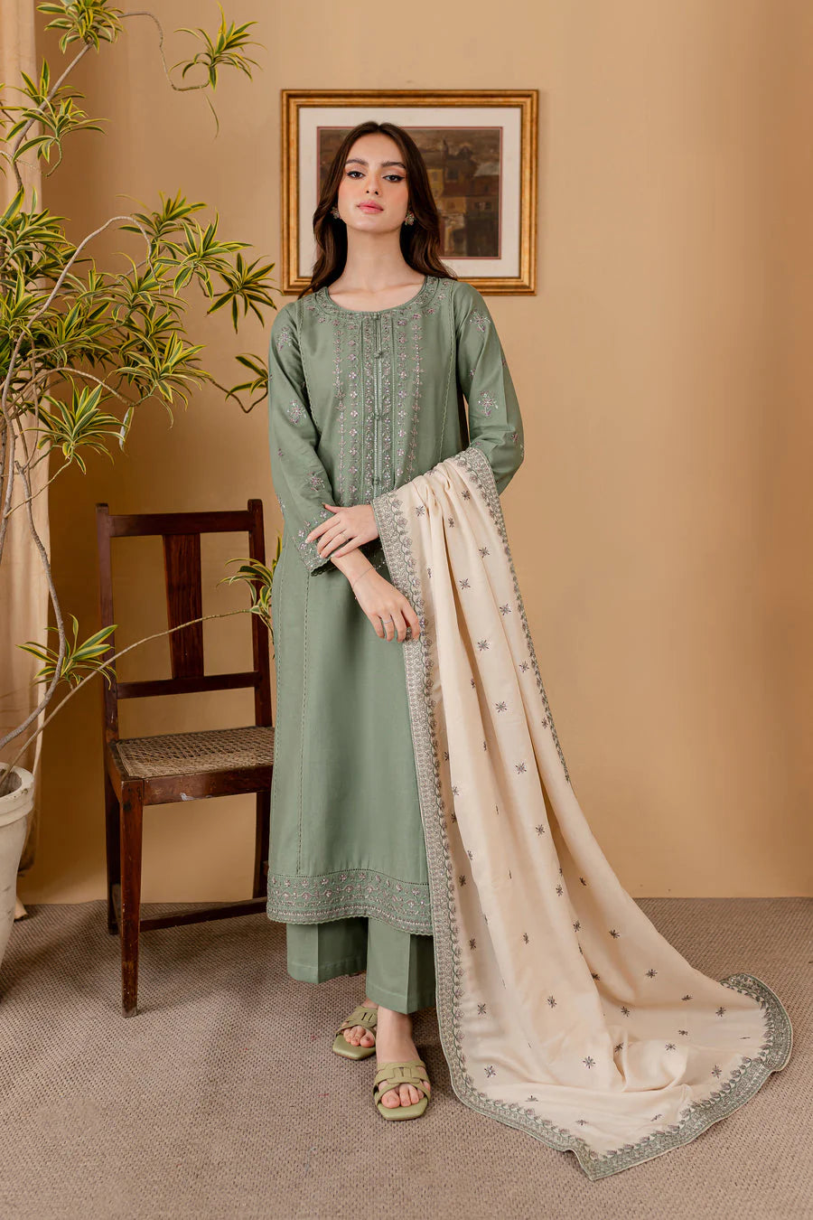 JAZMIN - 3PC DHANAK EMBROIDERED SHIRT WITH DHANAK SEQUENCE EMBROIDERED DUPATTA AND DHANAK TROUSER-TANA-1552