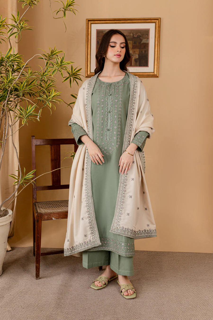 JAZMIN - 3PC DHANAK EMBROIDERED SHIRT WITH DHANAK SEQUENCE EMBROIDERED DUPATTA AND DHANAK TROUSER-TANA-1552