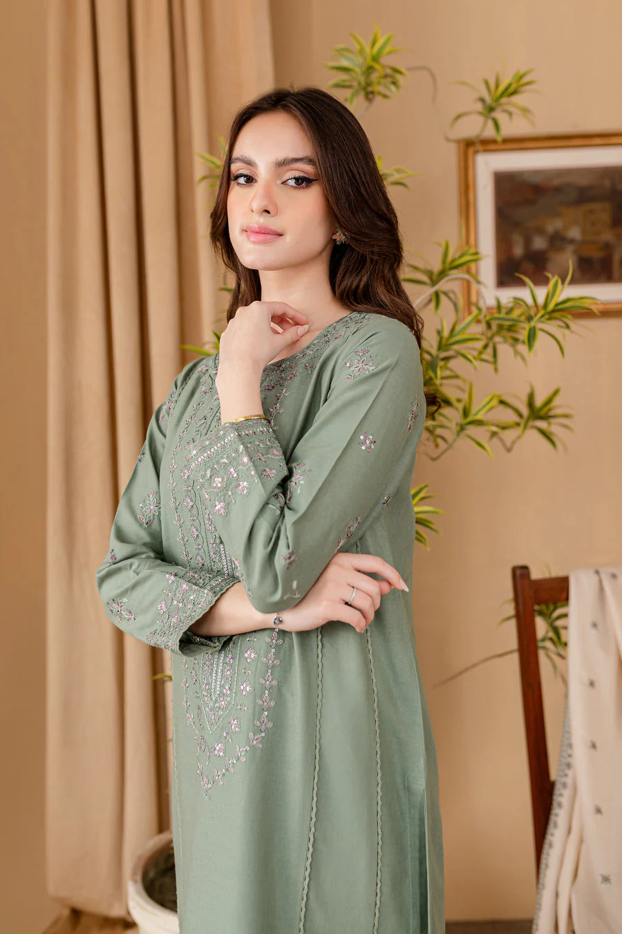 JAZMIN - 3PC DHANAK EMBROIDERED SHIRT WITH DHANAK SEQUENCE EMBROIDERED DUPATTA AND DHANAK TROUSER-TANA-1552