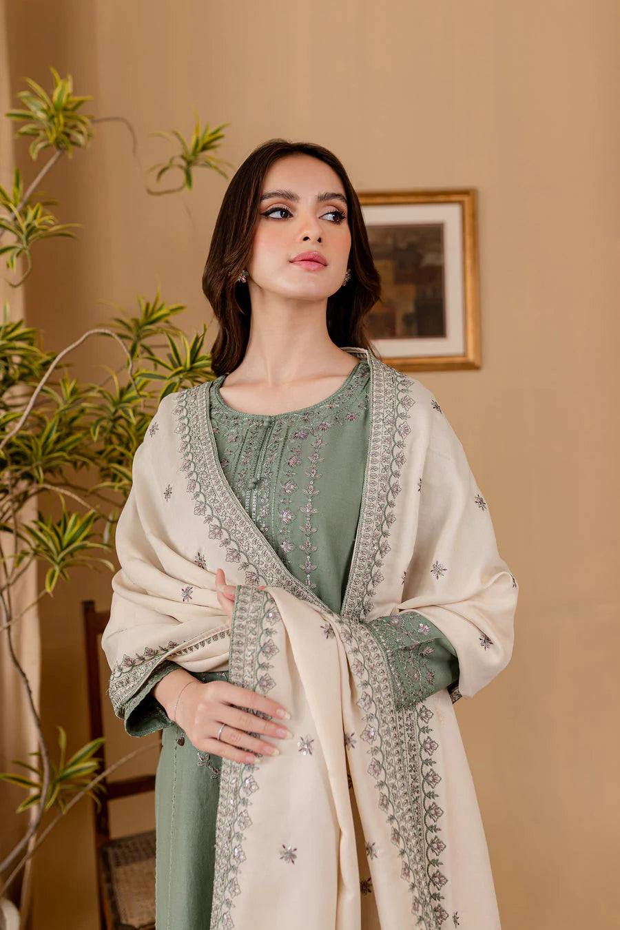 JAZMIN - 3PC DHANAK EMBROIDERED SHIRT WITH DHANAK SEQUENCE EMBROIDERED DUPATTA AND DHANAK TROUSER-TANA-1552