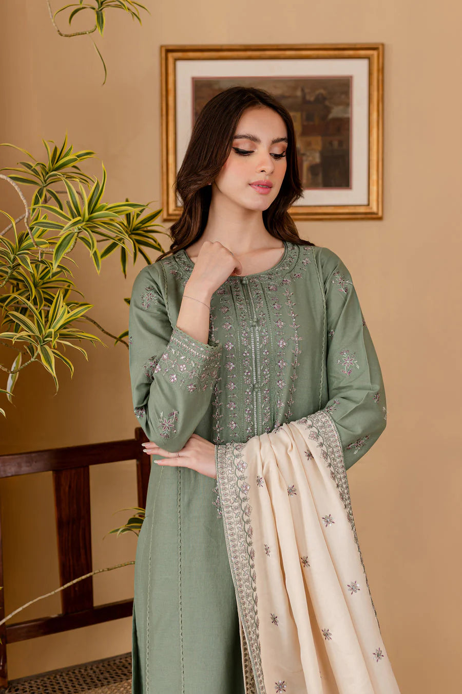 JAZMIN - 3PC DHANAK EMBROIDERED SHIRT WITH DHANAK SEQUENCE EMBROIDERED DUPATTA AND DHANAK TROUSER-TANA-1552