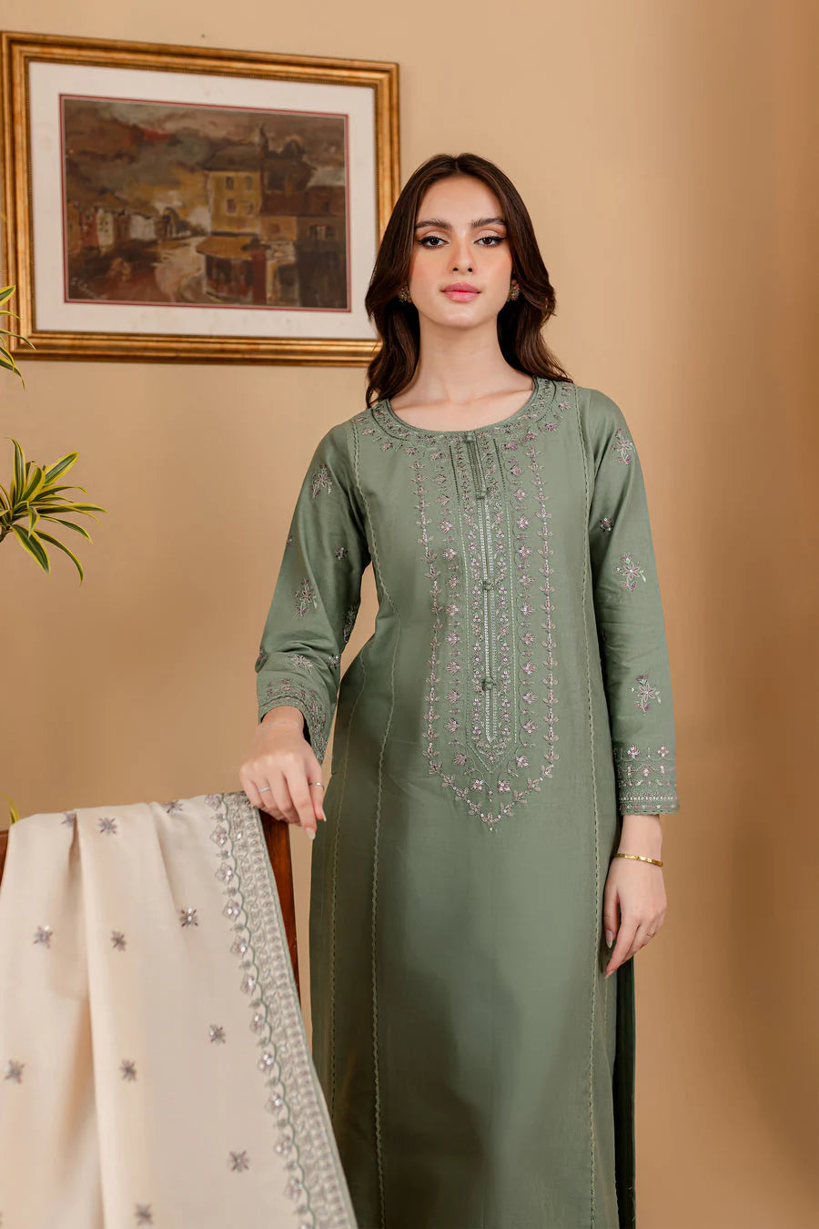 JAZMIN - 3PC DHANAK EMBROIDERED SHIRT WITH DHANAK SEQUENCE EMBROIDERED DUPATTA AND DHANAK TROUSER-TANA-1552