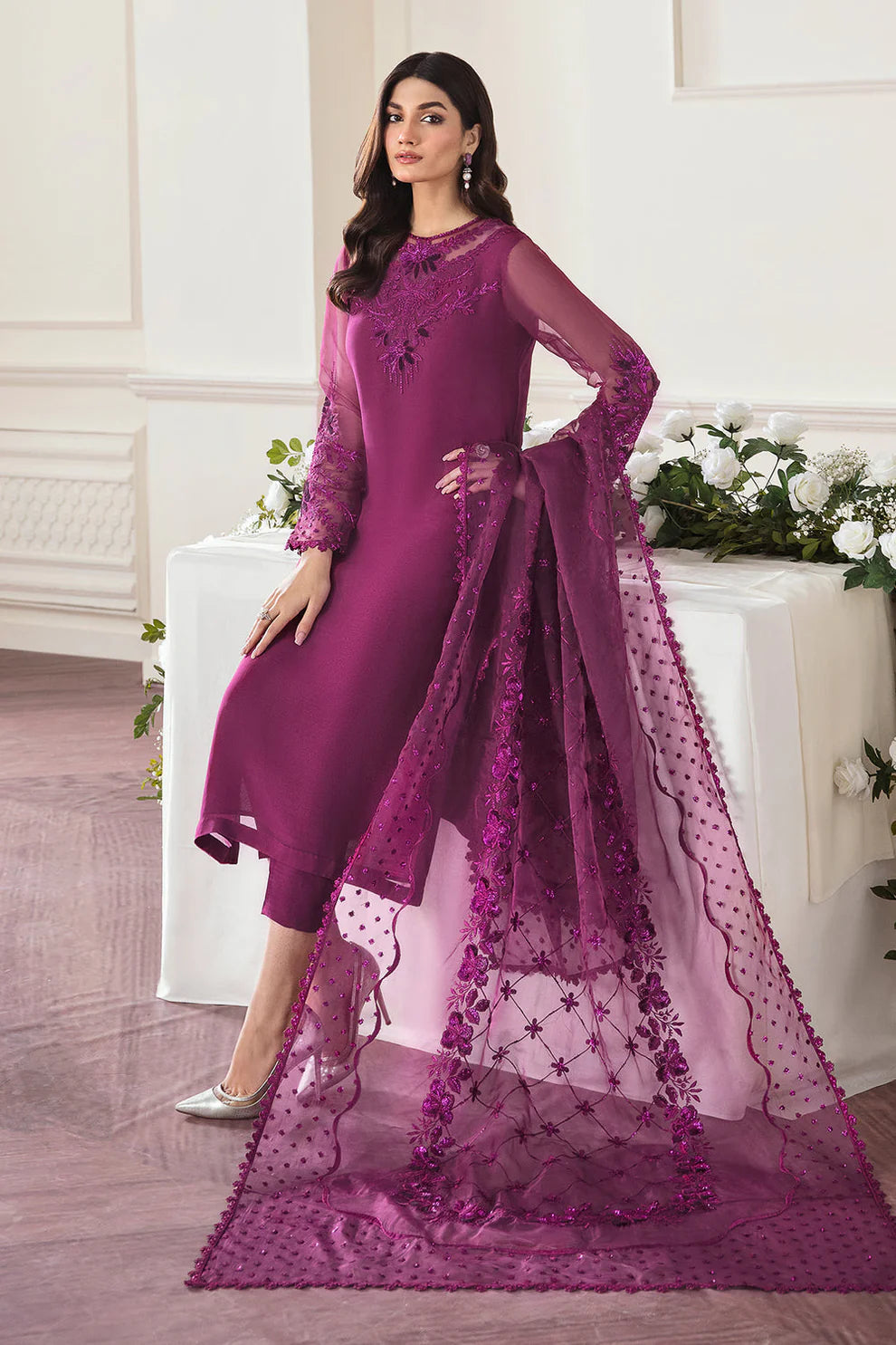 BAROQUE- 3PC ORGANZA EMBROIDERED LAWN SHIRT WITH ORGANZA EMBROIDERED DUPATTA AND TROUSER-TANA-5207