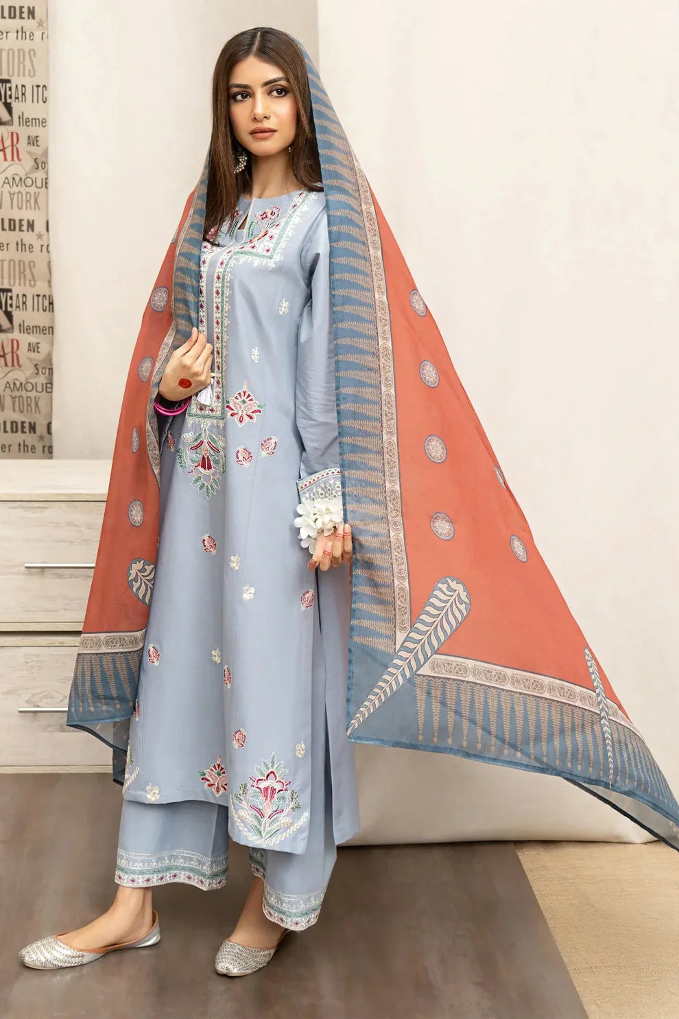 URGE- 3PC DHANAK EMBROIDERED SHIRT WITH COUTURE WOOL PRINT SHAWL AND EMB TROUSER-TANA-2296