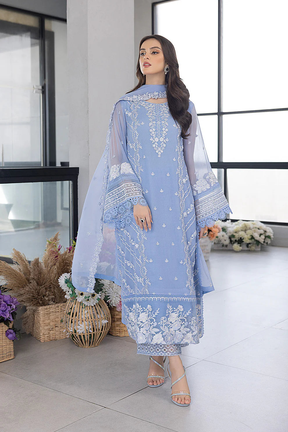 AZURE - 3PC ORGANZA EMBROIDERED LAWN SHIRT WITH ORGANZA EMBROIDERED DUPATTA AND TROUSER-TANA-4022