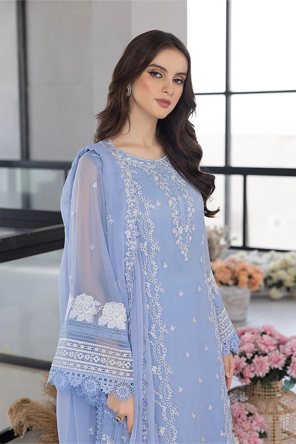 AZURE - 3PC ORGANZA EMBROIDERED LAWN SHIRT WITH ORGANZA EMBROIDERED DUPATTA AND TROUSER-TANA-4022