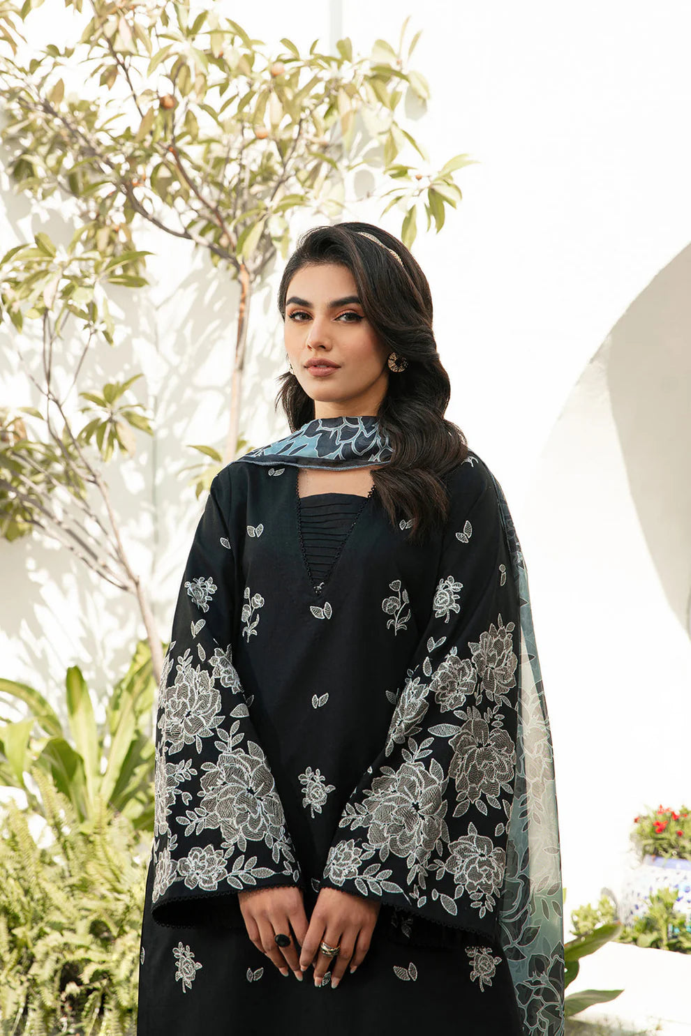 ZIVA- 3PC LAWN EMBROIDERED SHIRT WITH DIAMOND PRINT DUPATTA AND TROUSER -TANA-5273