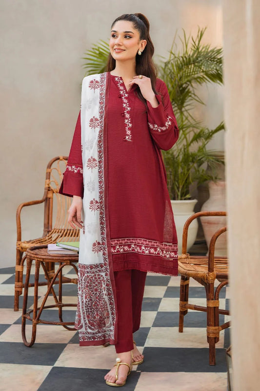 ZIVA - 3PC DHANAK EMBROIDERED SHIRT WITH COUTURE PRINTED SHAWL AND TROUSER-TANA-1531