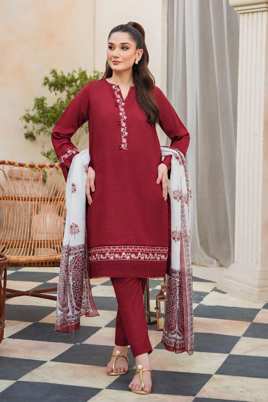 ZIVA - 3PC DHANAK EMBROIDERED SHIRT WITH COUTURE PRINTED SHAWL AND TROUSER-TANA-1531