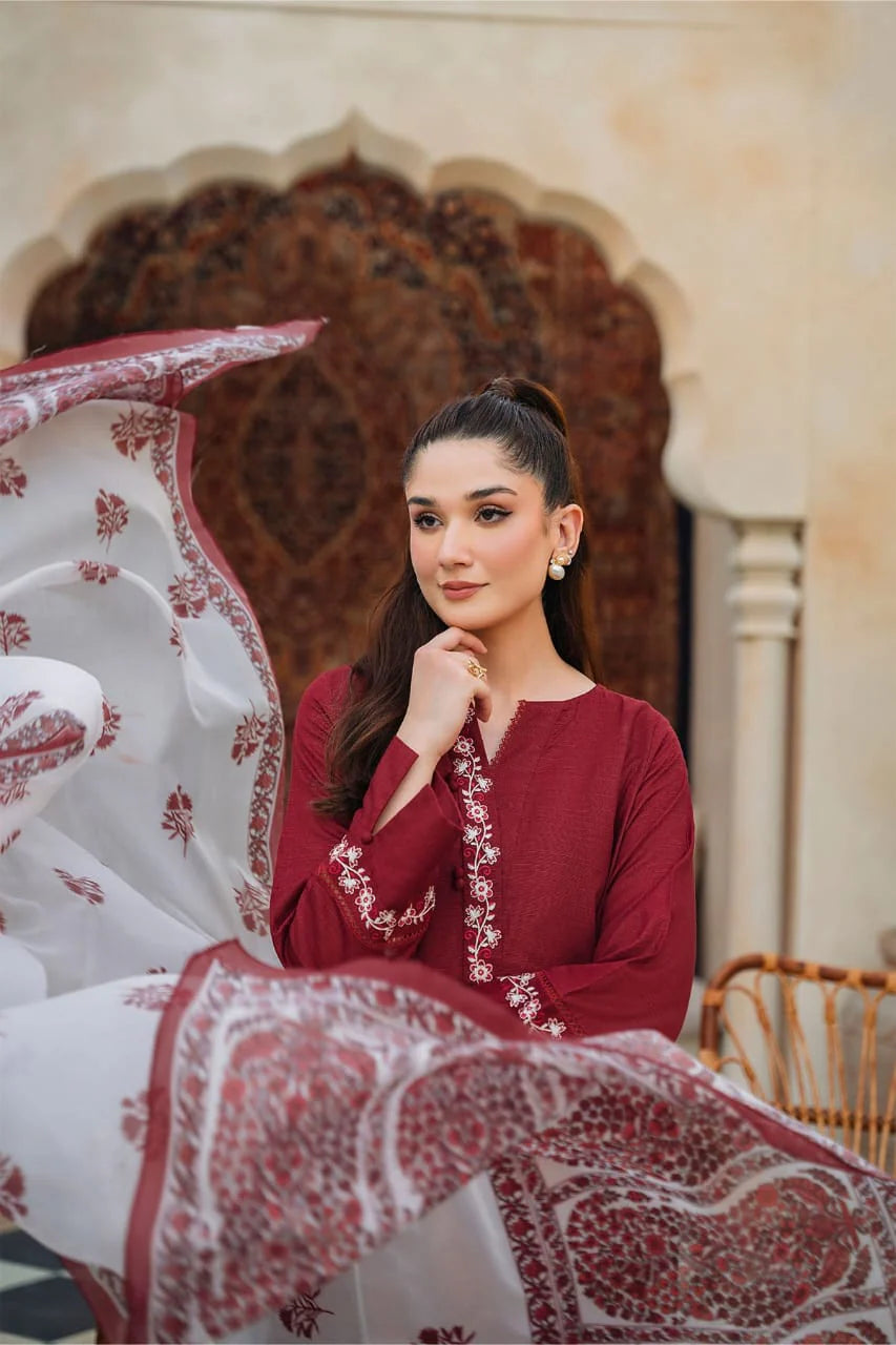 ZIVA - 3PC DHANAK EMBROIDERED SHIRT WITH COUTURE PRINTED SHAWL AND TROUSER-TANA-1531