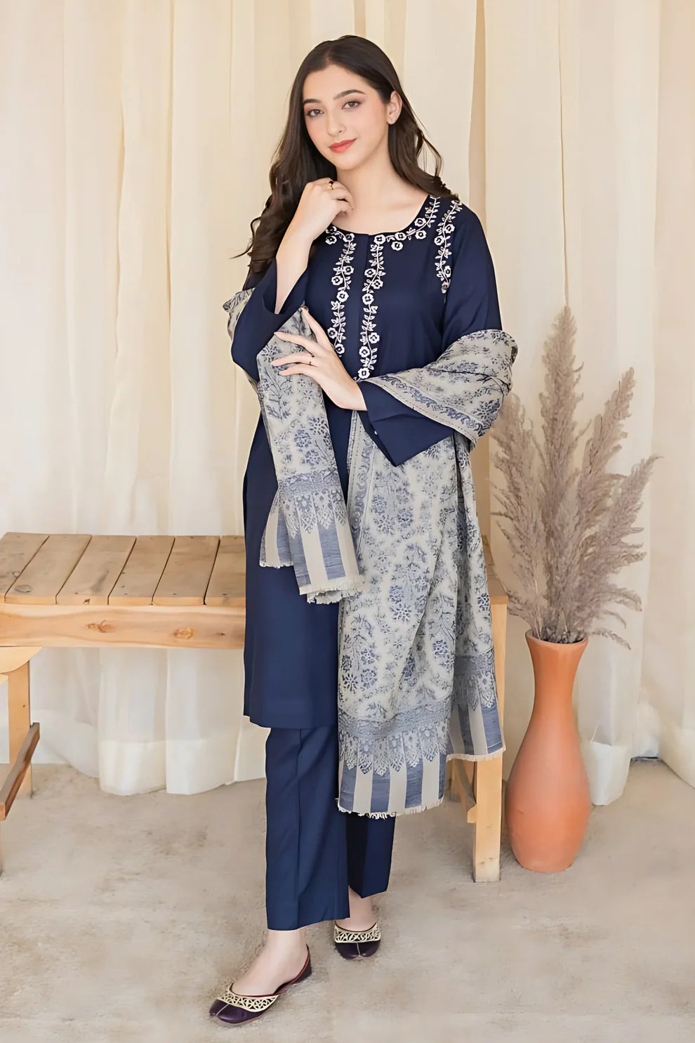 AISLING - 3PC DHANAK EMBROIDERED SHIRT WITH COTURE WOOL PRINTED SHAWL AND TROUSER-1658