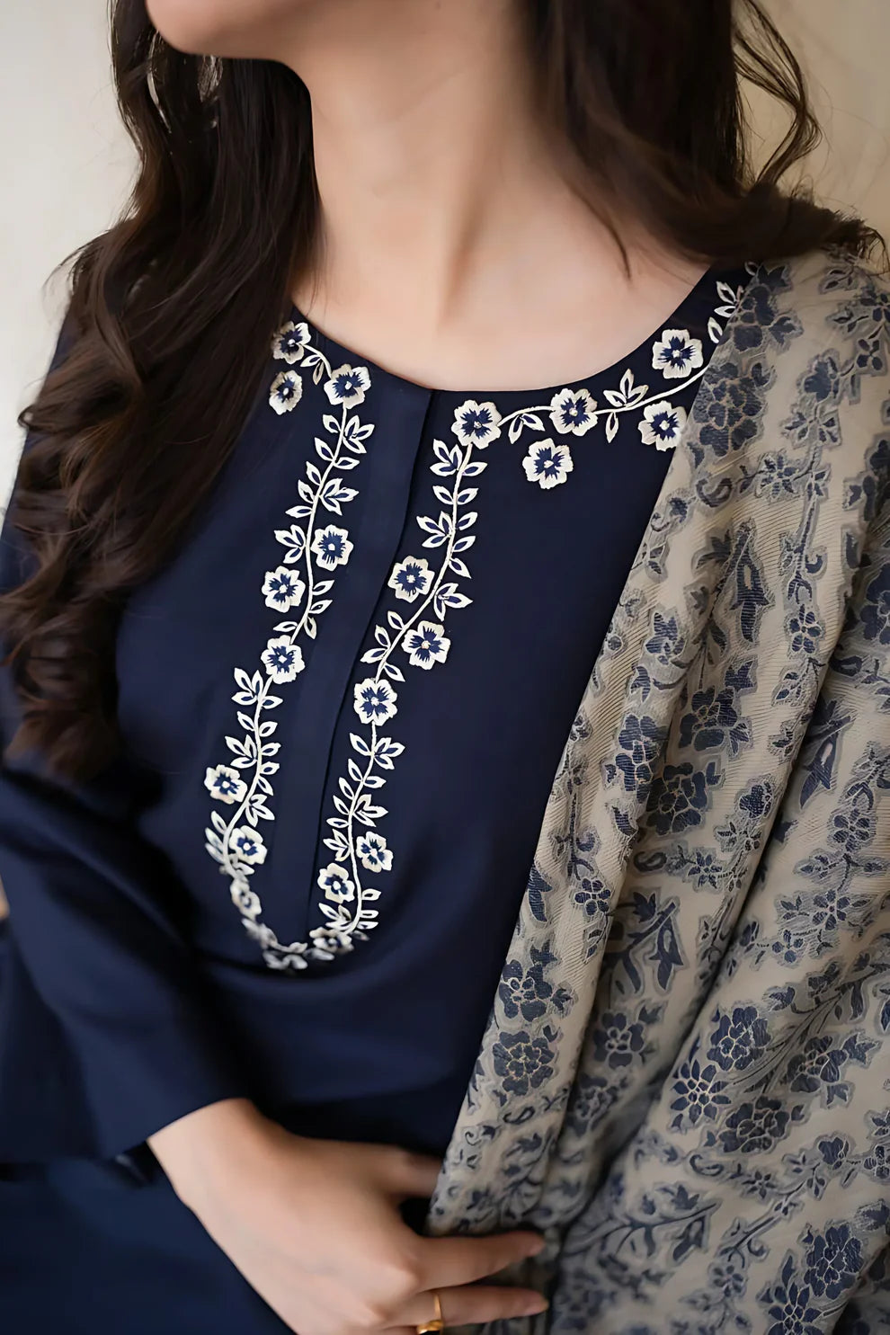 AISLING - 3PC DHANAK EMBROIDERED SHIRT WITH COTURE WOOL PRINTED SHAWL AND TROUSER-1658