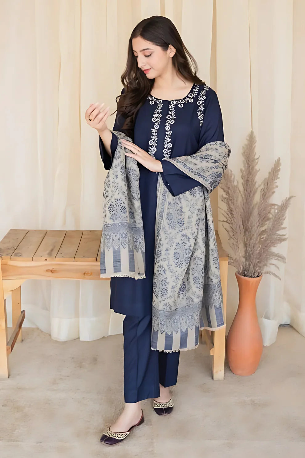 AISLING - 3PC DHANAK EMBROIDERED SHIRT WITH COTURE WOOL PRINTED SHAWL AND TROUSER-1658