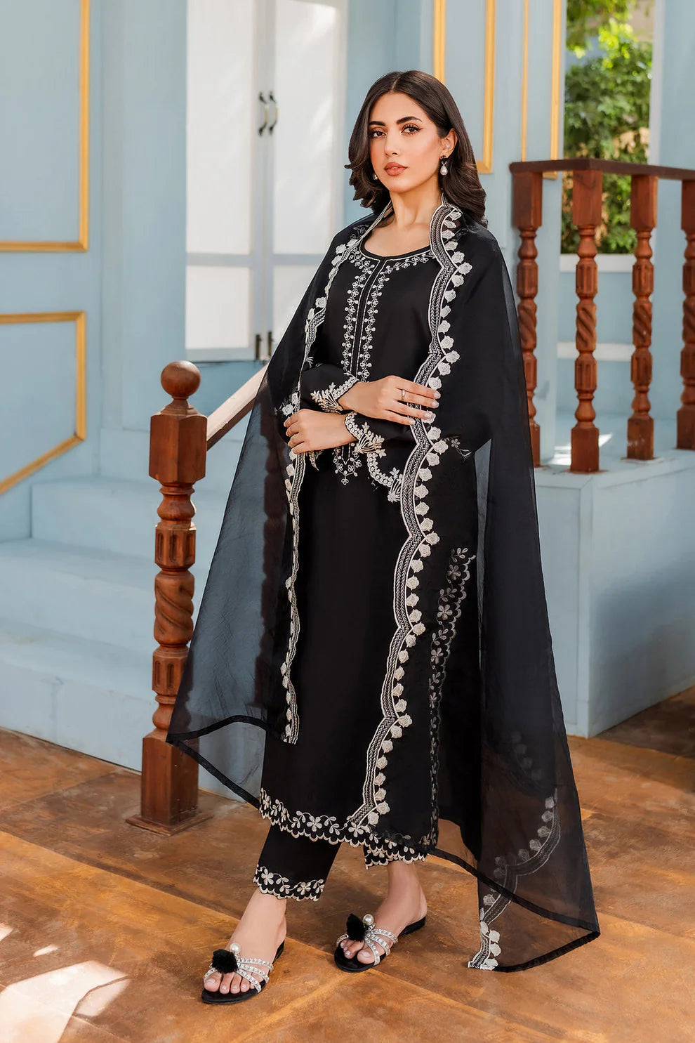 HANA - 3PC DHANAK EMBROIDERED WITH ORGANZA EMBROIDERED DUPPATTA-TANA-1674