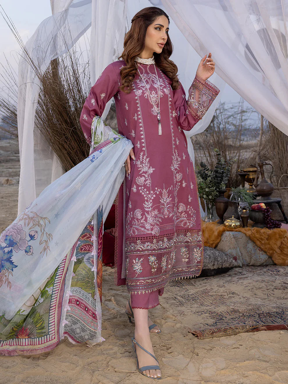 IZEL - 3PC DHANAK EMBROIDERED SHIRT WITH COUTURE SHAWAL AND TROUSER-TANA-1552