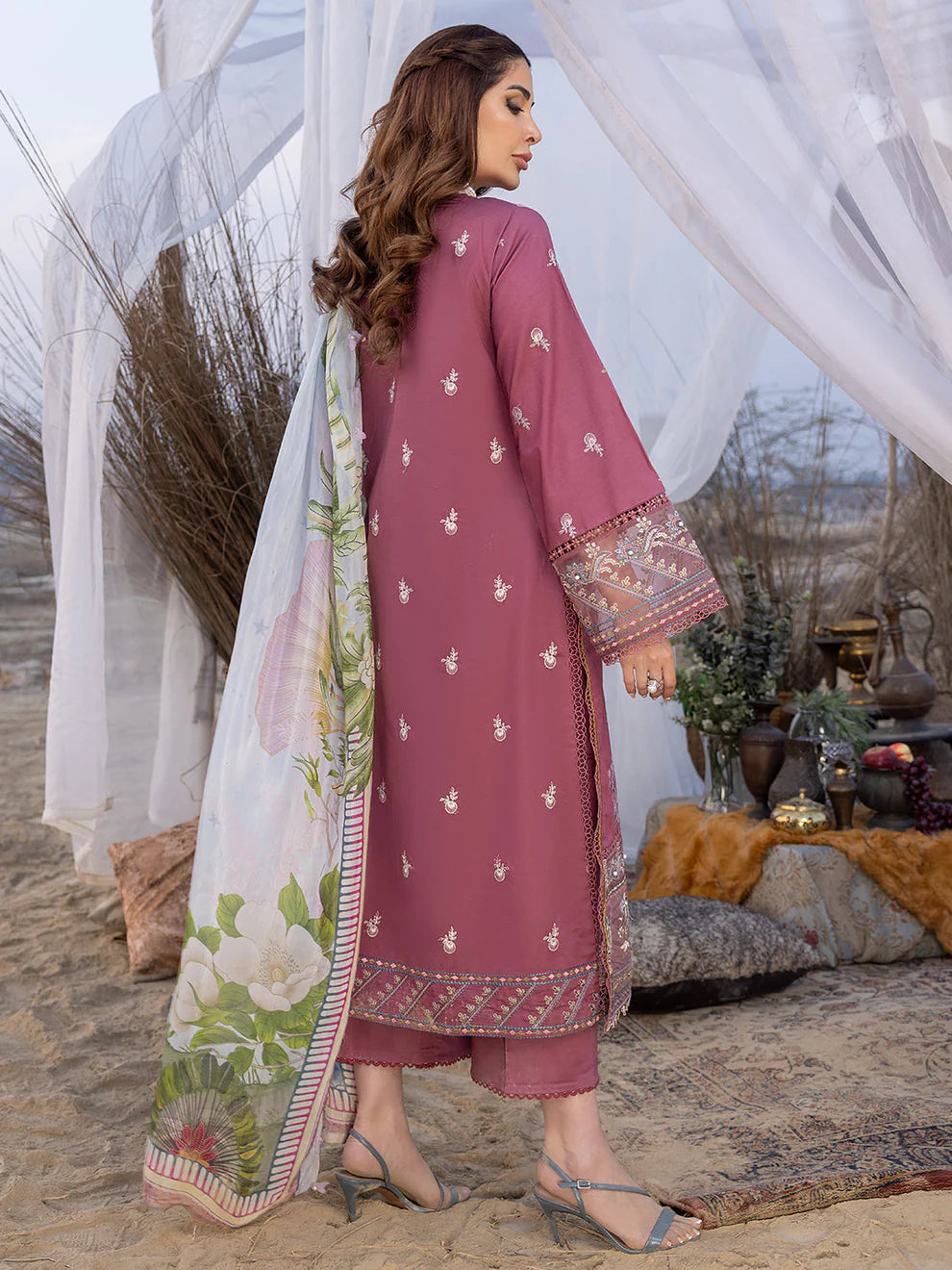 IZEL - 3PC DHANAK EMBROIDERED SHIRT WITH COUTURE SHAWAL AND TROUSER-TANA-1552