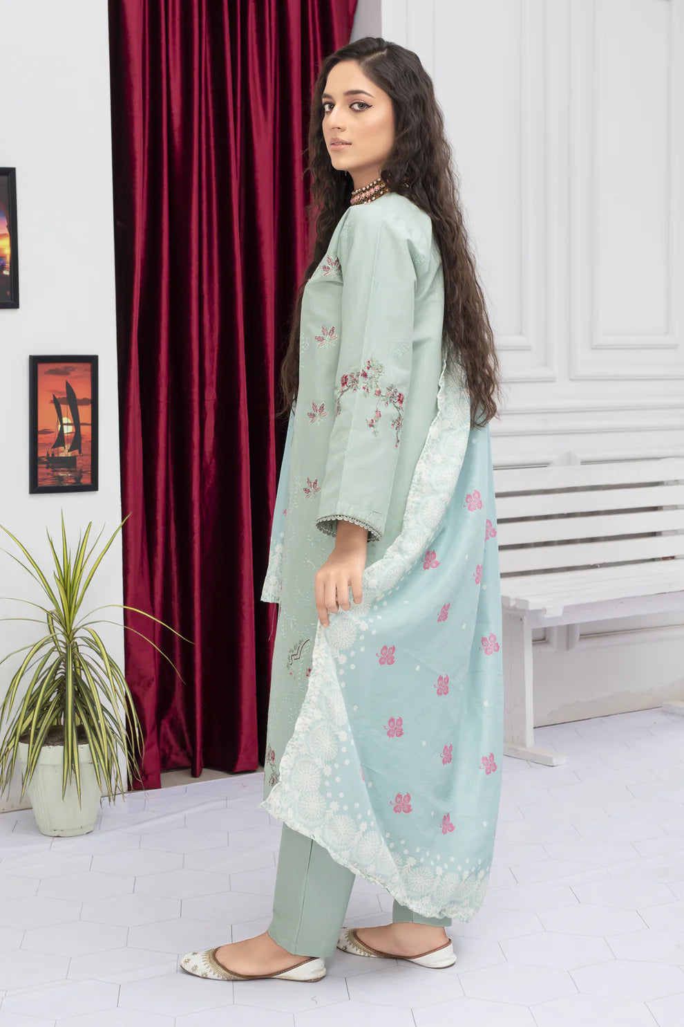 TANA BANA -WINTER COTTON 3PC EMBROIDERED SHIRT WITH DORIA PRINTED SHAWL-TBF-3005