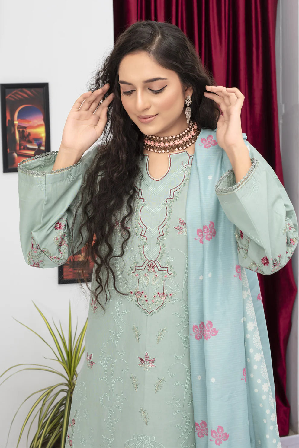 TANA BANA -WINTER COTTON 3PC EMBROIDERED SHIRT WITH DORIA PRINTED SHAWL-TBF-3005