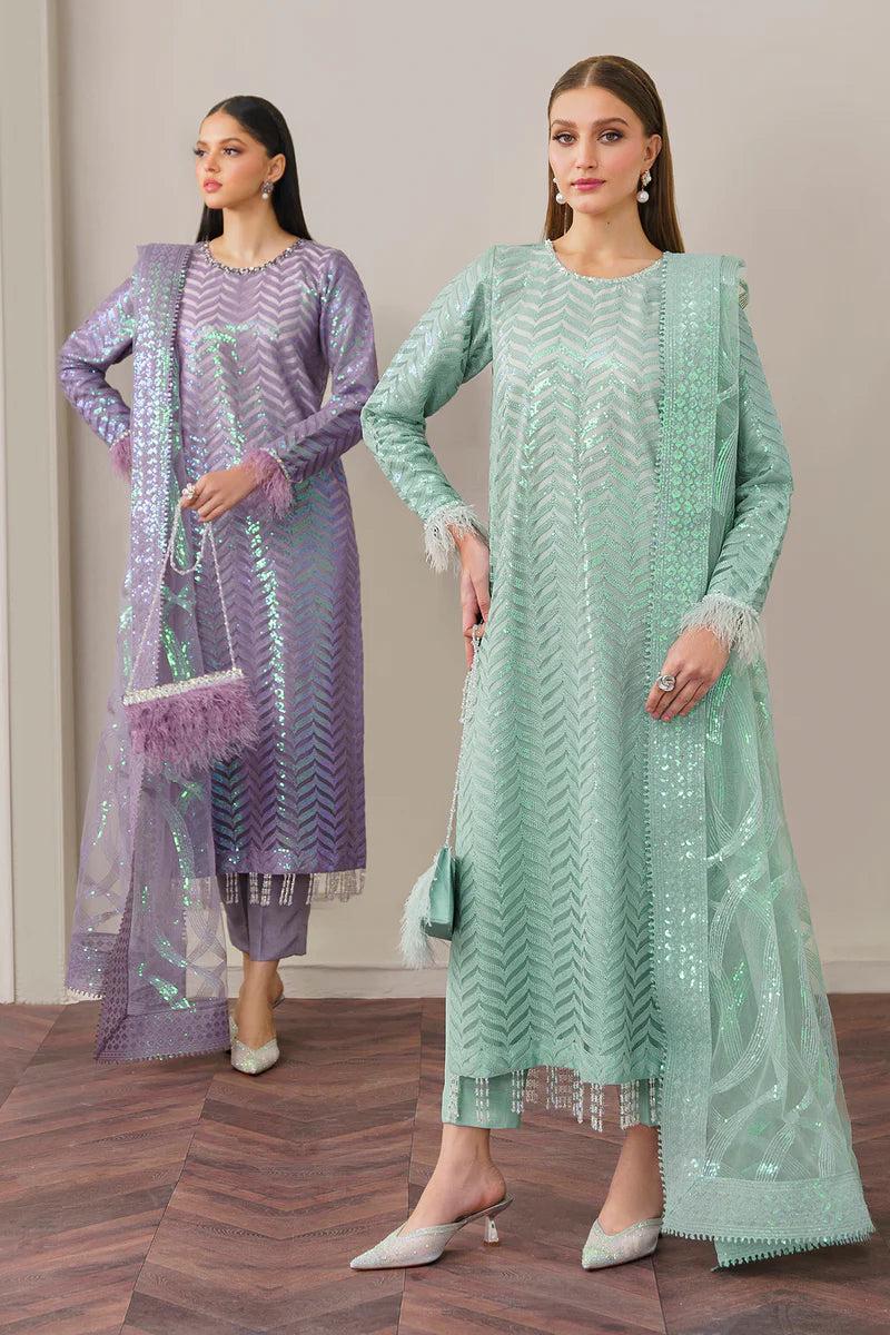 BAROUQE- ORGANZA 3PC SEQUENCE EMBROIDERED SHIRT WITH ORGANZA SEQUENCE EMBROIDERED DUPATTA WITH SILK TROUSER-TANA-5324