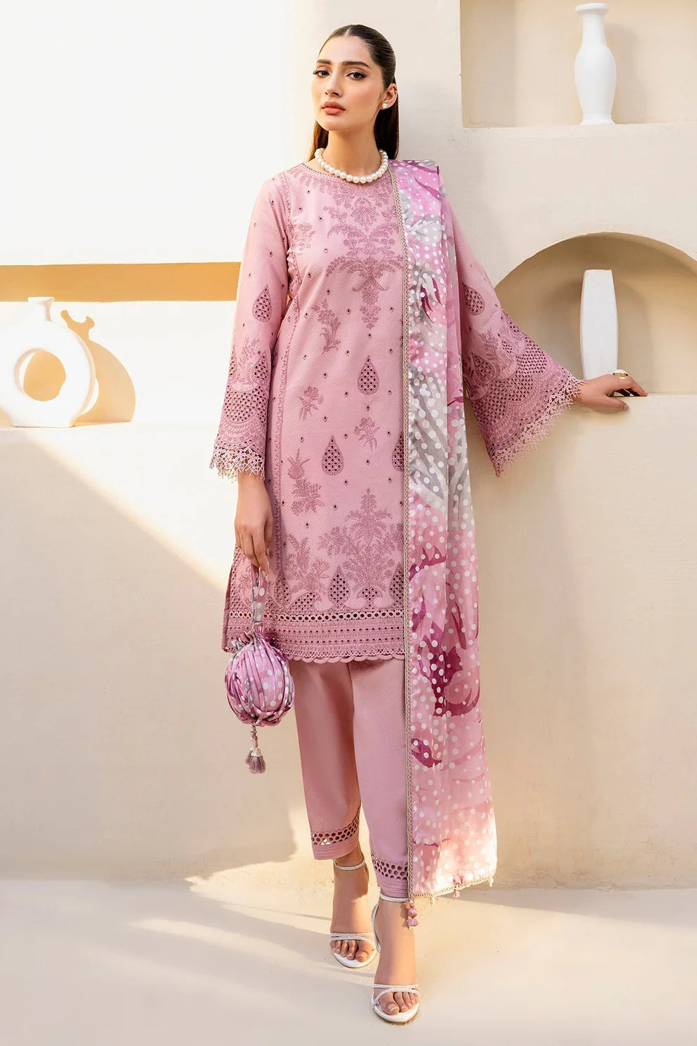 JAZMIN - 3PC LAWN EMBROIDERED SHIRT WITH DIAMOND PRINT DUPATTA AND TROUSER-TANA-4063