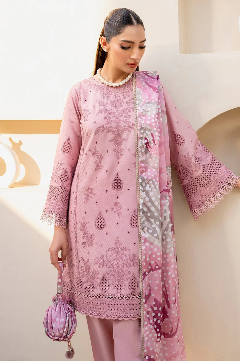 JAZMIN - 3PC LAWN EMBROIDERED SHIRT WITH DIAMOND PRINT DUPATTA AND TROUSER-TANA-4063