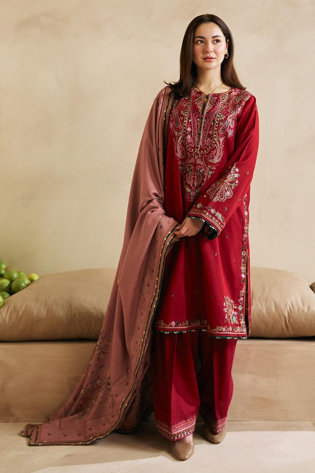 ZAHRA SHAHJAHAN- 3PC DHANAK EMBROIDERED SHIRT COUTURE WITH WOOL PRINT SHAWL AND TROUSER-TANA-1506