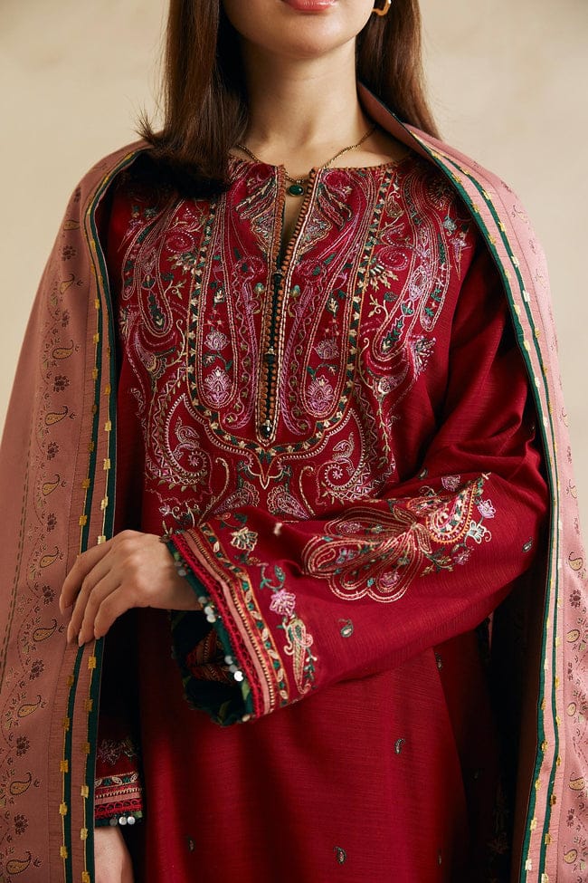 ZAHRA SHAHJAHAN- 3PC DHANAK EMBROIDERED SHIRT COUTURE WITH WOOL PRINT SHAWL AND TROUSER-TANA-1506