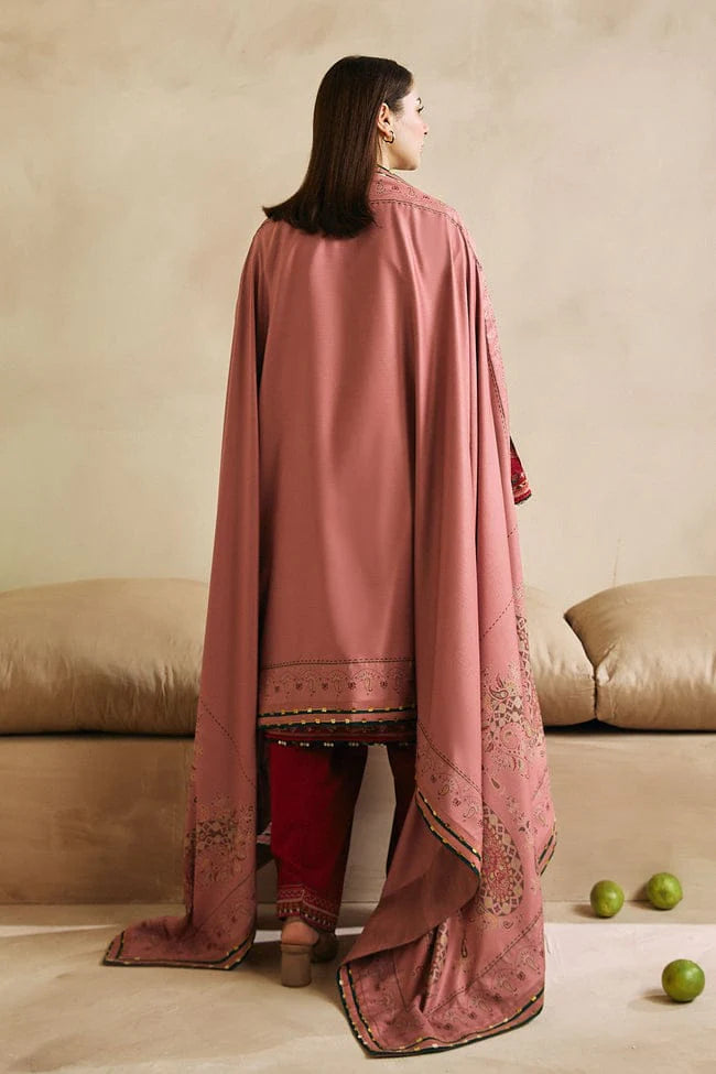 ZAHRA SHAHJAHAN- 3PC DHANAK EMBROIDERED SHIRT COUTURE WITH WOOL PRINT SHAWL AND TROUSER-TANA-1506