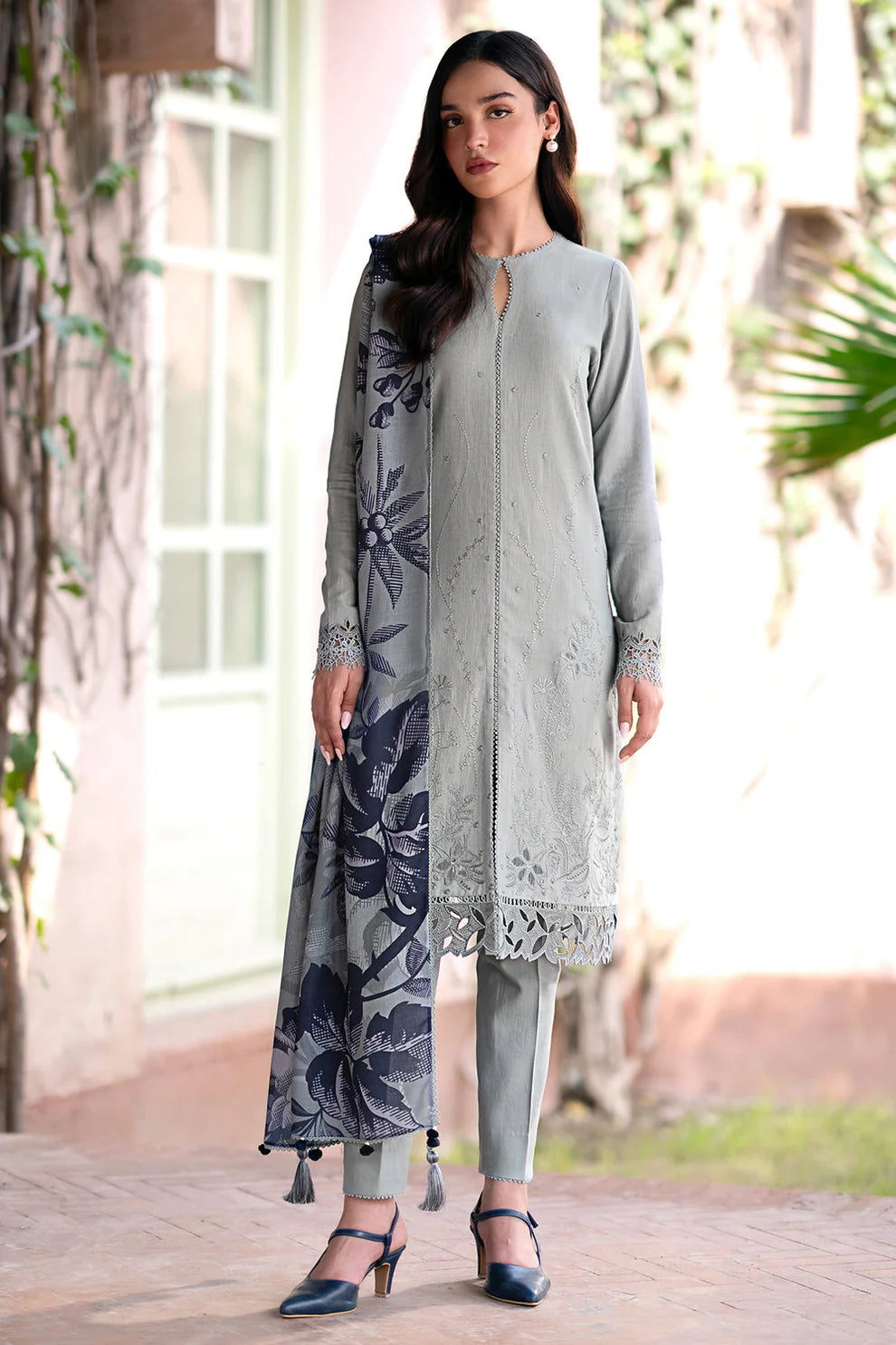 JAZMIN-3PC DHANAK EMBROIDRED SHIRT WITH WOOL PRINT SHAWL AND TROUSER-TANA-1640