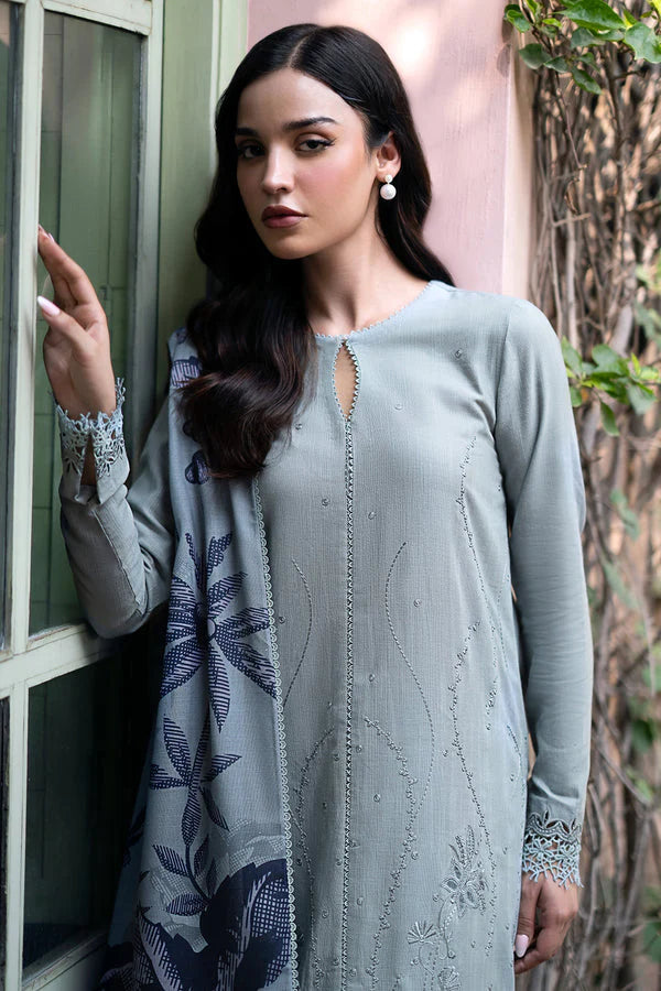 JAZMIN-3PC DHANAK EMBROIDRED SHIRT WITH WOOL PRINT SHAWL AND TROUSER-TANA-1640