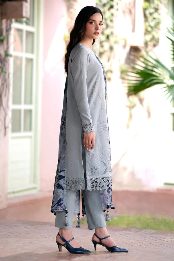 JAZMIN-3PC DHANAK EMBROIDRED SHIRT WITH WOOL PRINT SHAWL AND TROUSER-TANA-1640