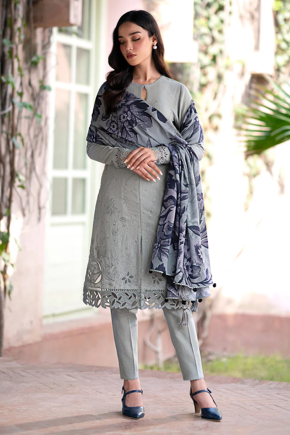 JAZMIN-3PC DHANAK EMBROIDRED SHIRT WITH WOOL PRINT SHAWL AND TROUSER-TANA-1640