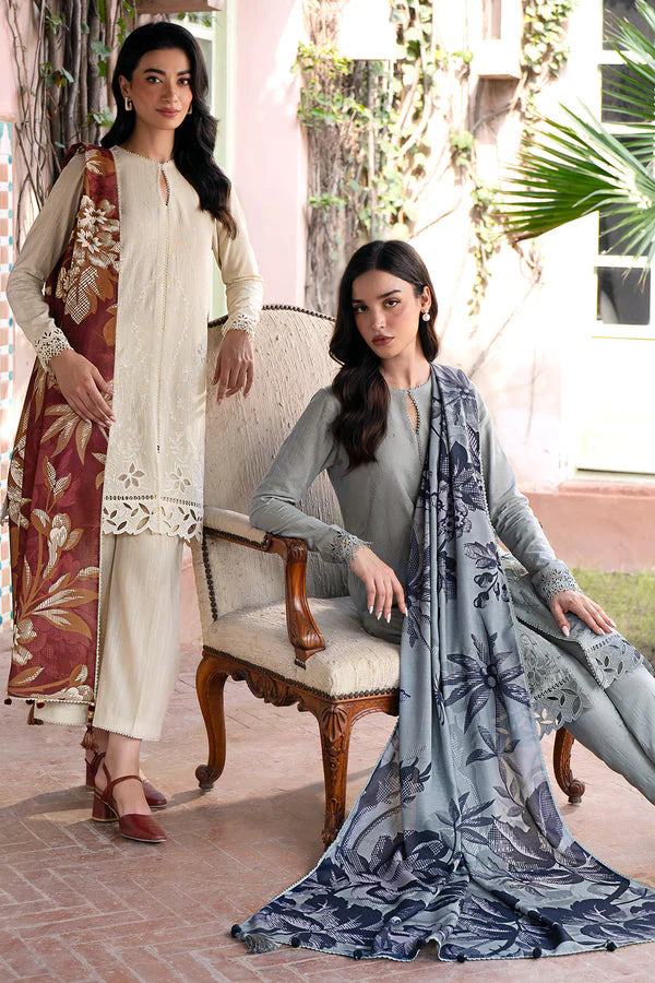 JAZMIN-3PC DHANAK EMBROIDRED SHIRT WITH WOOL PRINT SHAWL AND TROUSER-TANA-1640