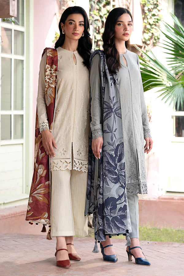 JAZMIN-3PC DHANAK EMBROIDRED SHIRT WITH WOOL PRINT SHAWL AND TROUSER-TANA-1640