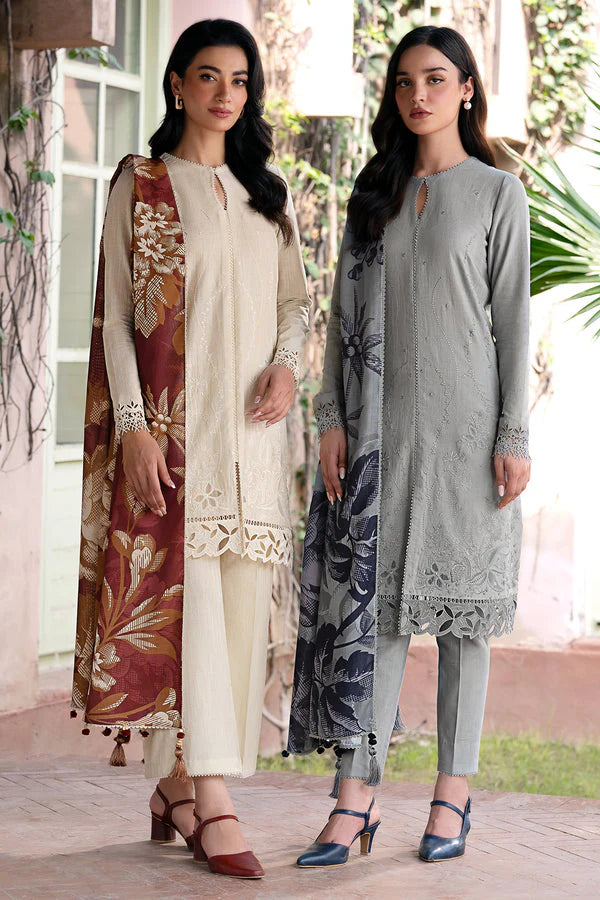 JAZMIN-3PC DHANAK EMBROIDRED SHIRT WITH WOOL PRINT SHAWL AND TROUSER-TANA-1640