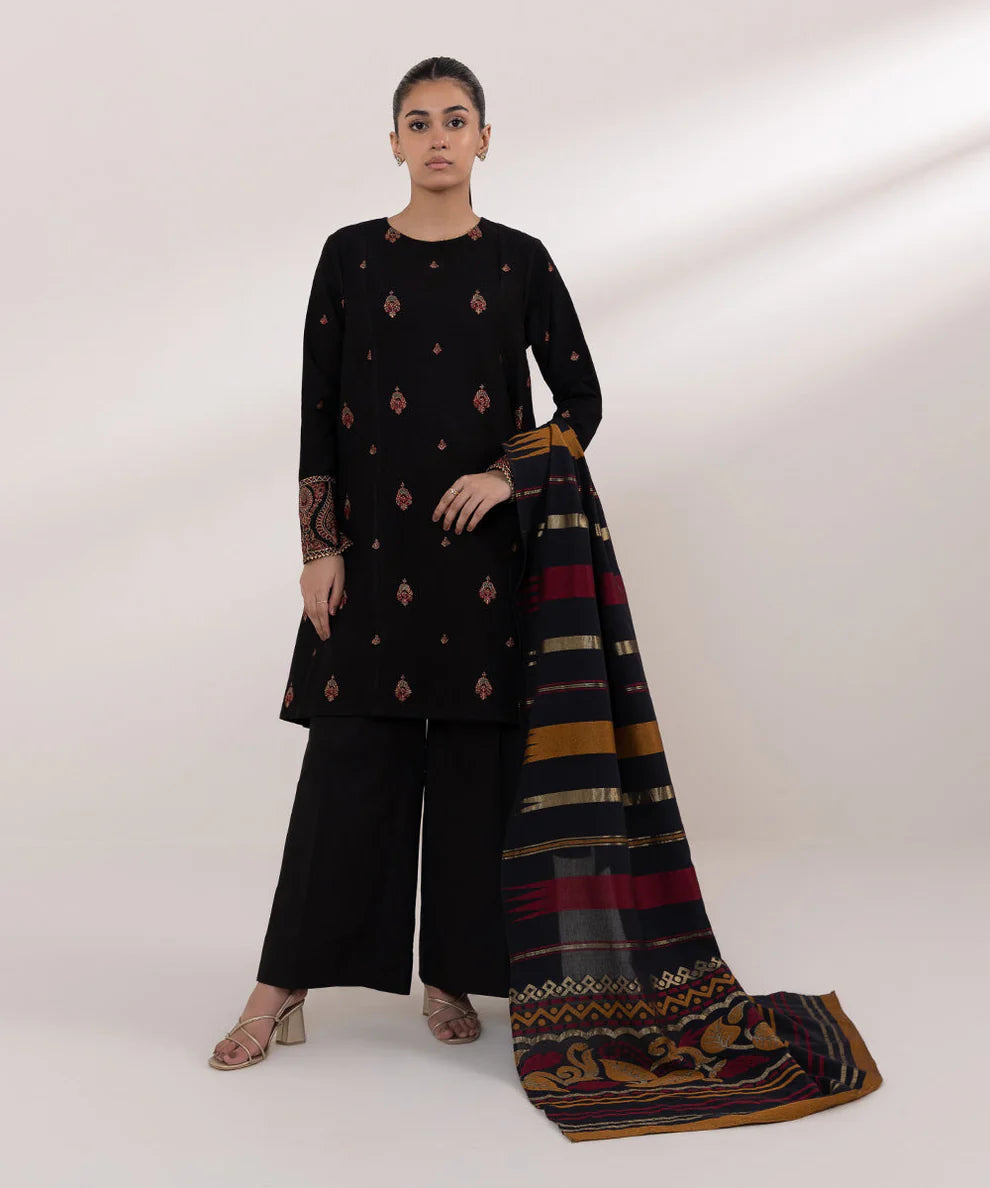 SAPPHIRE- 3PC DHANAK EMBROIDERED SHIRT WITH WOOL PRINT SHAWL AND TROUSER-TANA-1724