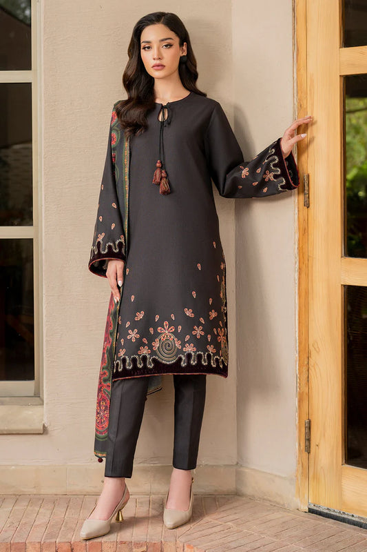 JAZMIN-3PC DHANAK EMBROIDRED SHIRT WITH WOOL PRINT SHAWL AND TROUSER-TBF-1775