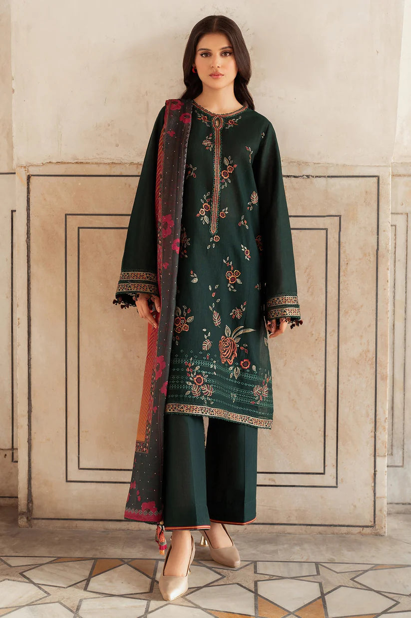 JAZMIN-3PC DHANAK EMBROIDERED SHIRT WITH WOOL PRINT SHAWL AND TROUSER-TBF-1781