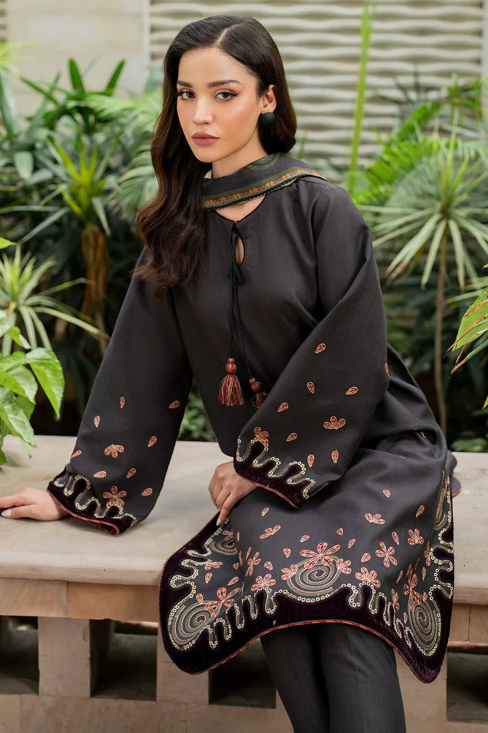 JAZMIN-3PC DHANAK EMBROIDRED SHIRT WITH WOOL PRINT SHAWL AND TROUSER-TBF-1775