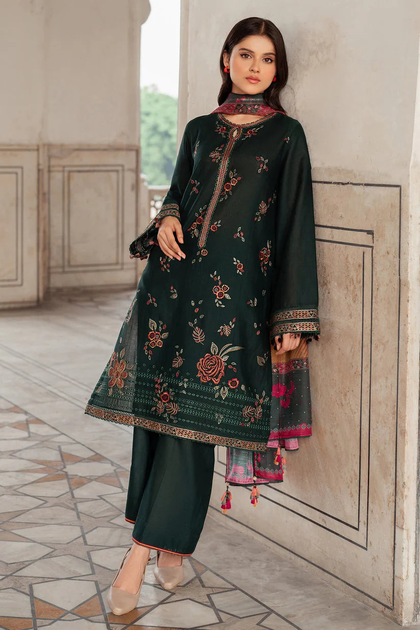 JAZMIN-3PC DHANAK EMBROIDERED SHIRT WITH WOOL PRINT SHAWL AND TROUSER-TBF-1781