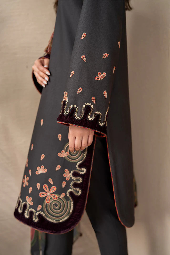 JAZMIN-3PC DHANAK EMBROIDRED SHIRT WITH WOOL PRINT SHAWL AND TROUSER-TBF-1775