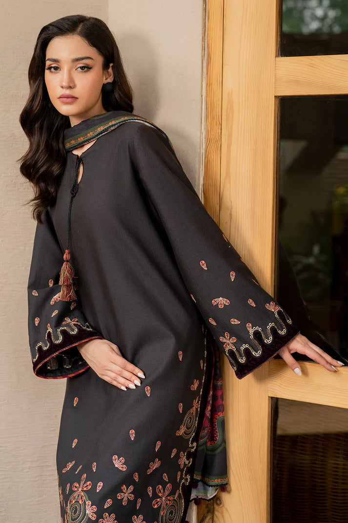 JAZMIN-3PC DHANAK EMBROIDRED SHIRT WITH WOOL PRINT SHAWL AND TROUSER-TBF-1775