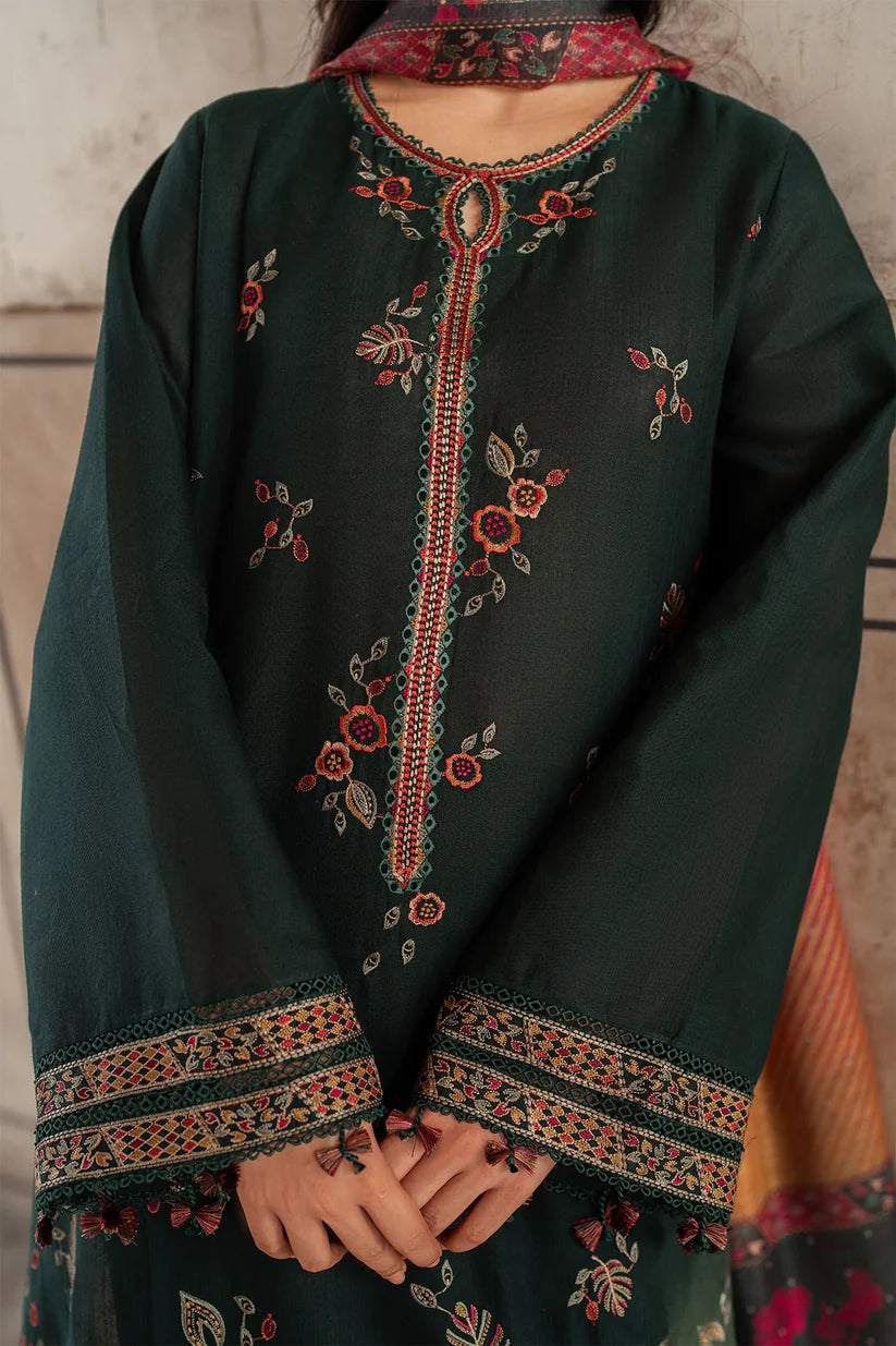 JAZMIN-3PC DHANAK EMBROIDERED SHIRT WITH WOOL PRINT SHAWL AND TROUSER-TBF-1781