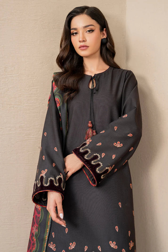 JAZMIN-3PC DHANAK EMBROIDRED SHIRT WITH WOOL PRINT SHAWL AND TROUSER-TBF-1775