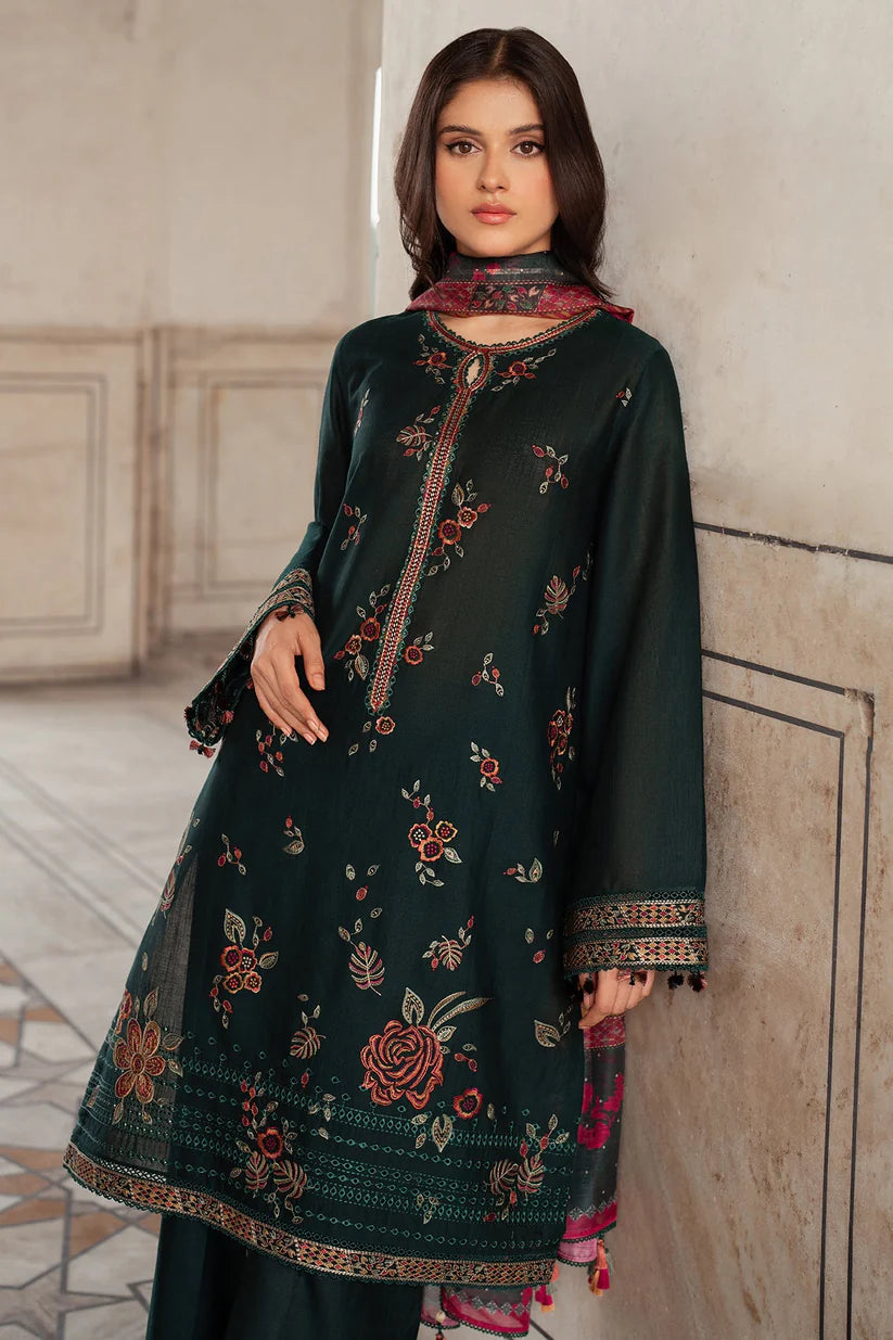 JAZMIN-3PC DHANAK EMBROIDERED SHIRT WITH WOOL PRINT SHAWL AND TROUSER-TBF-1781