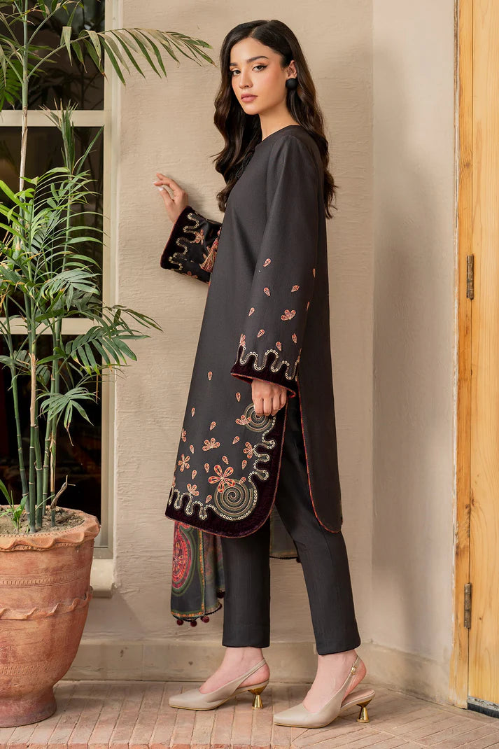 JAZMIN-3PC DHANAK EMBROIDRED SHIRT WITH WOOL PRINT SHAWL AND TROUSER-TBF-1775