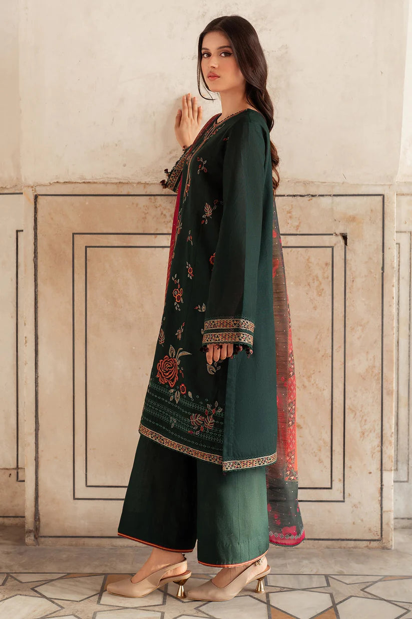 JAZMIN-3PC DHANAK EMBROIDERED SHIRT WITH WOOL PRINT SHAWL AND TROUSER-TBF-1781