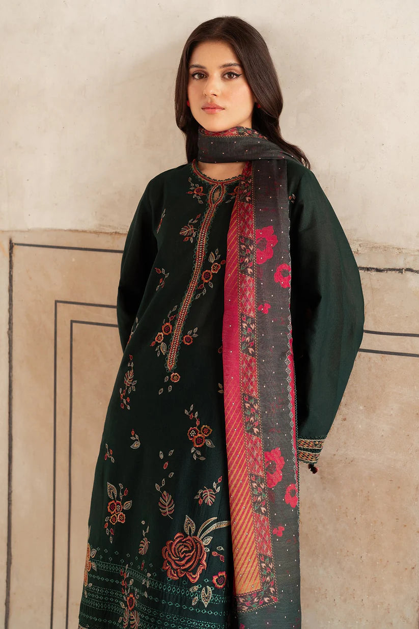 JAZMIN-3PC DHANAK EMBROIDERED SHIRT WITH WOOL PRINT SHAWL AND TROUSER-TBF-1781