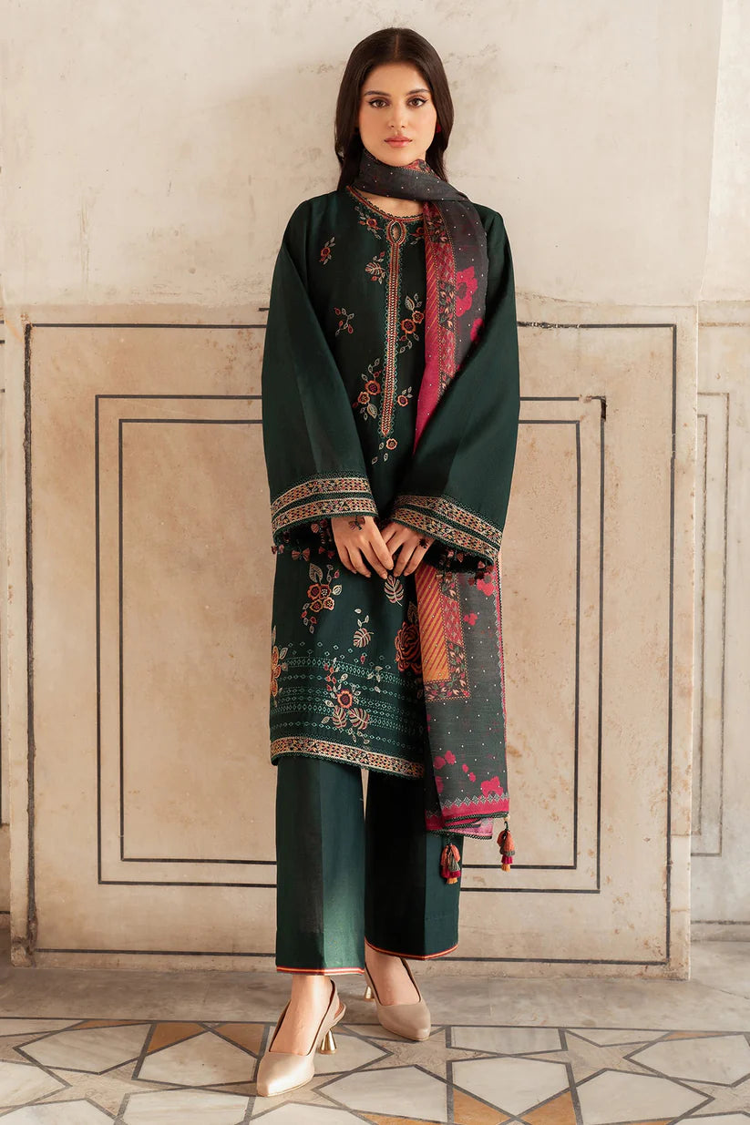 JAZMIN-3PC DHANAK EMBROIDERED SHIRT WITH WOOL PRINT SHAWL AND TROUSER-TBF-1781