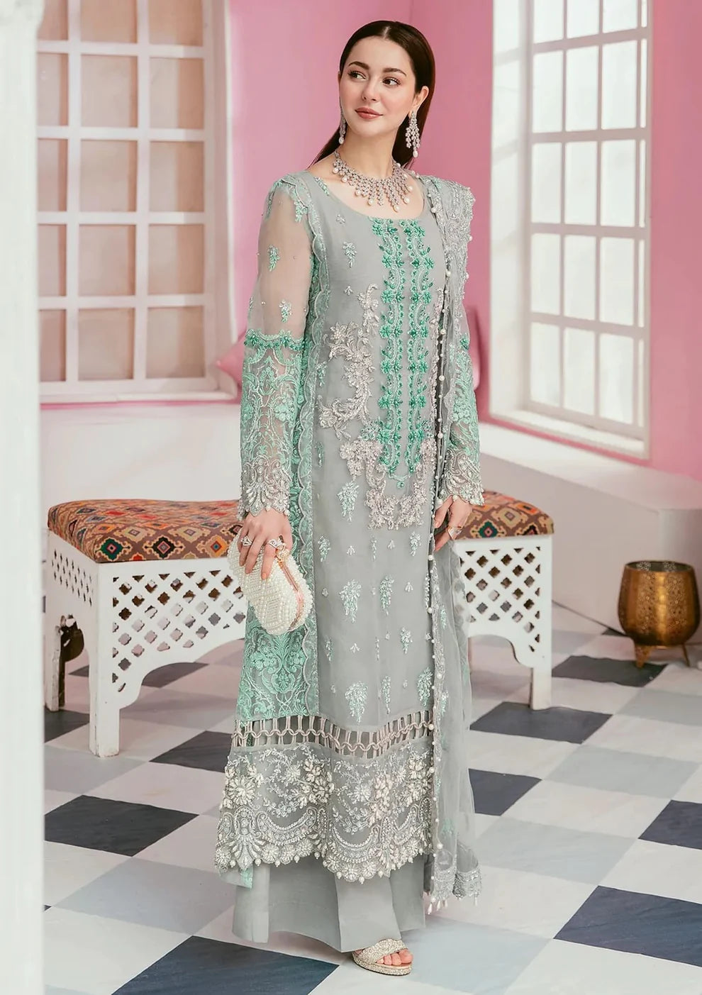 ELAF-ORGANZA PANEL EMBROIDERED ORGANZA DAMAN WITH PEARL WITH ORGANZA EMBROIDERED READY TO WEAR DUPATTA WITH TROUSER-TANA-4023